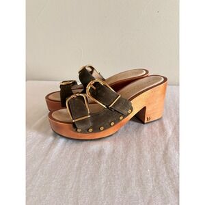 Veronica Beard Halifax Olive Green Suede Wood Platform Studded Clog Mules Slides